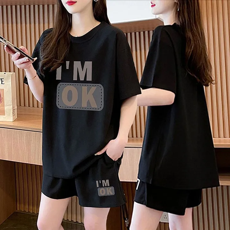 胖mm大码休闲运动套装女2025新款夏季纯棉短袖T恤短裤时尚两件套