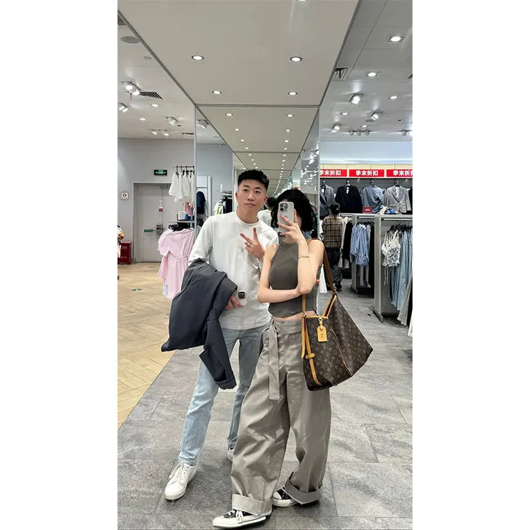 美式复古休闲百搭精致吊带背心上衣高腰修身绑带腰头阔腿裤工装裤