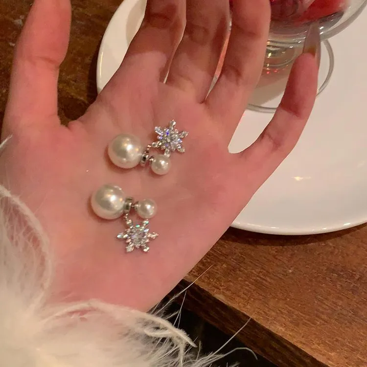 OLOIU 铜合金锆石耳饰 后挂式雪花珍珠耳环女2025新爆款小众耳钉
