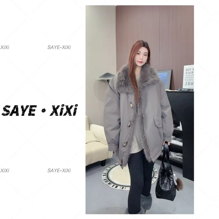 【撒野西西专属】加绒加厚款女纯色复古毛领简约中长款冬季女款