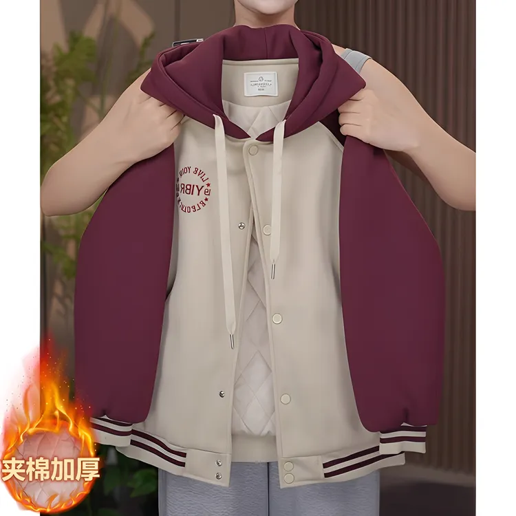 女童夹棉拼色卫衣外套2025新款秋冬字母刺绣加厚二棉连帽棉服棉衣