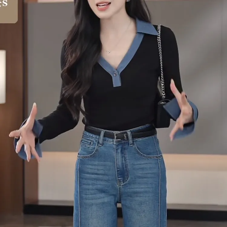 纯欲性感Polo领撞色毛针织衫女2025秋季新款修身显瘦气质内搭上衣