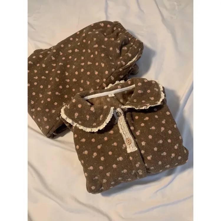 韩版复古碎花珊瑚绒睡衣套装女冬季新款加厚加绒套装家居服可外穿