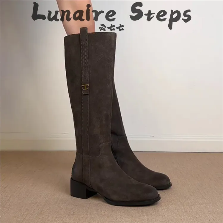 牛皮版~复古显瘦高筒骑士靴女侧拉链粗跟长筒靴圆头女靴气质长靴