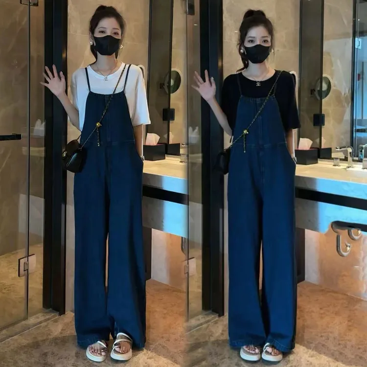 时尚套装女2025夏新款时髦洋气宽松短袖T恤牛仔背带裤减龄两件套