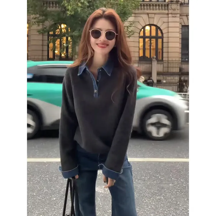 牛仔拼接套头毛衣女2025秋冬新款休闲风假两件长袖针织衫漂亮上衣