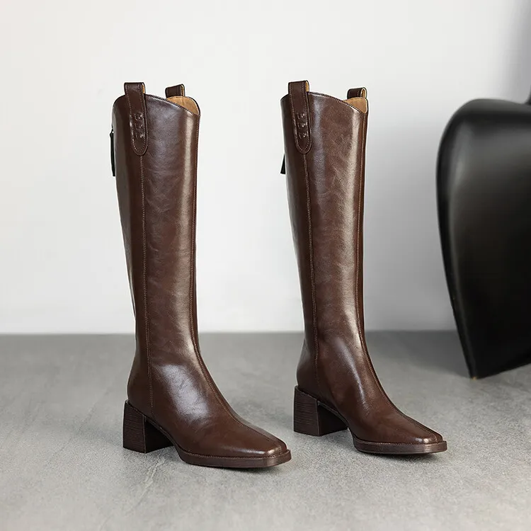 真皮高跟长靴时尚棕色粗跟过膝方头秋冬长筒高筒靴女靴圆头女鞋