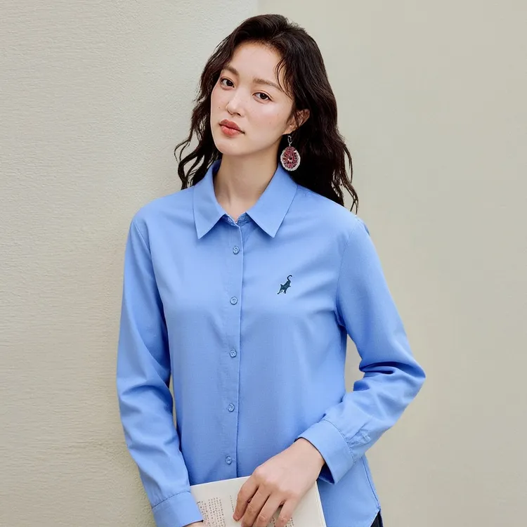 【莫瑞系穿搭】茵曼25秋季克兰因蓝刺绣衬衫通勤百搭气质长袖衬衣