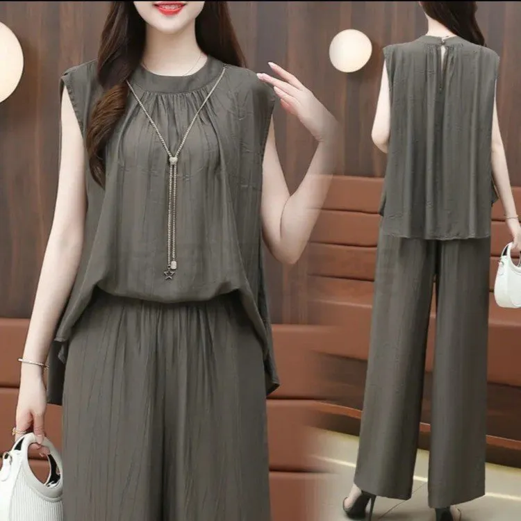 2024夏季新款时尚洋气气质显瘦上衣宽松无袖休闲阔腿裤套装两件套