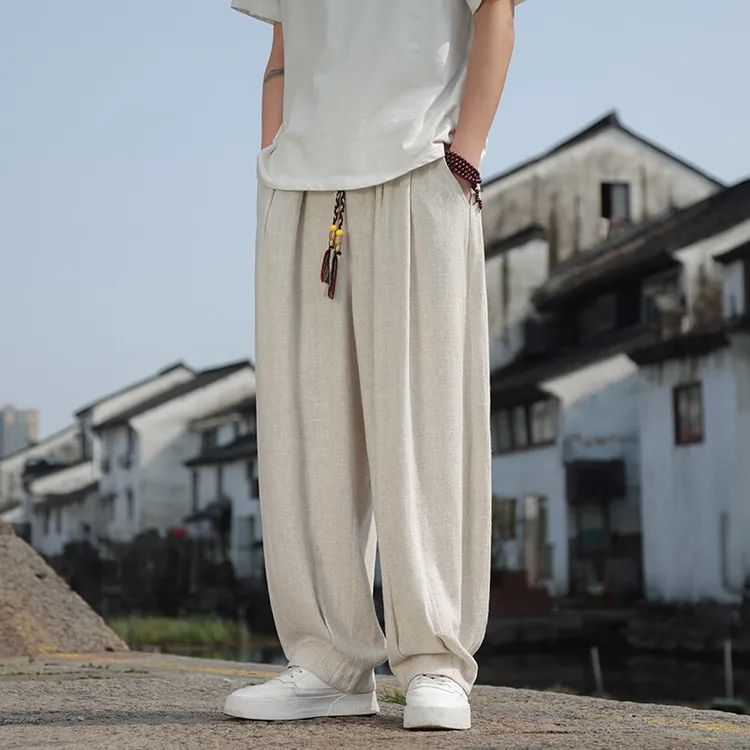 棉麻休闲裤男春夏中国风大码古风直筒裤复古宽松新中式垂感阔腿裤