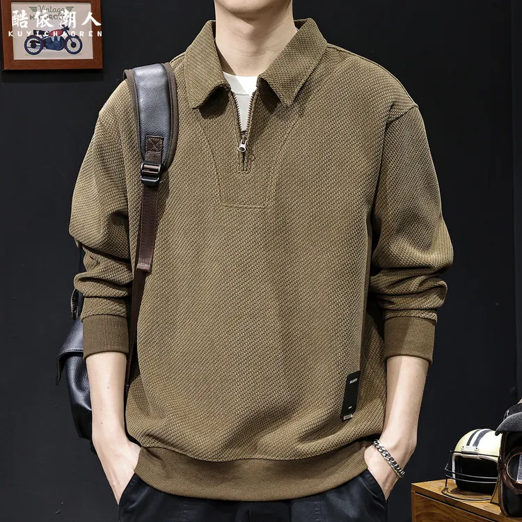 欧棉加绒针织拉链翻领男士卫衣2025新款秋冬宽松大码休闲高端衣服