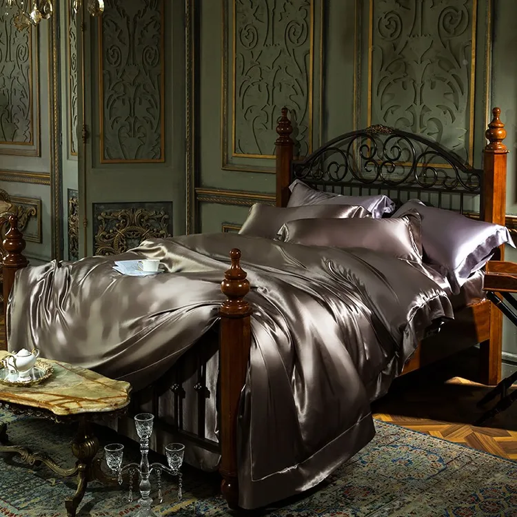 奢华高端皇室宫廷风真丝四件套床品重磅简约烟墨色桑蚕丝床上用品