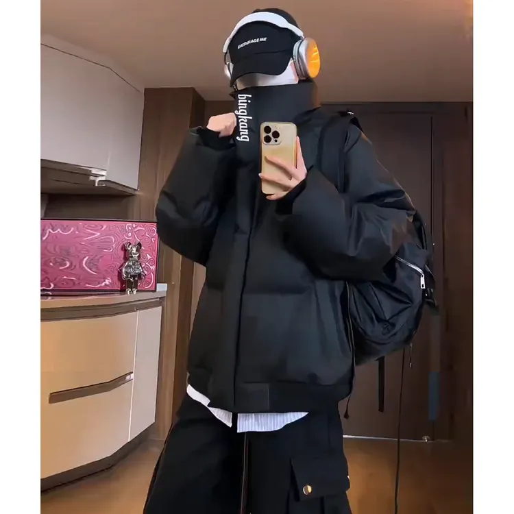 PU皮刺绣立领羽绒棉服男款冬季美式三防工装外套高级感短款面包服