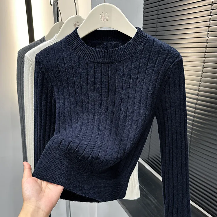 藏青色高级感圆领针织打底衫女内搭冬竖条纹冬季保暖气质修身上衣
