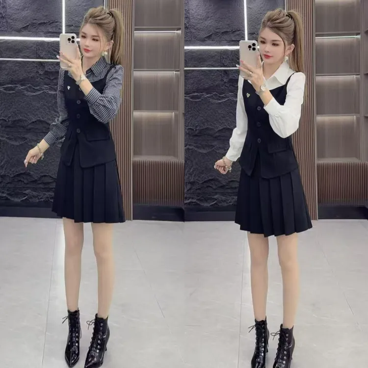 精品0602 时尚气质拼接靓饰假两件上衣 加 百褶裙  两件套