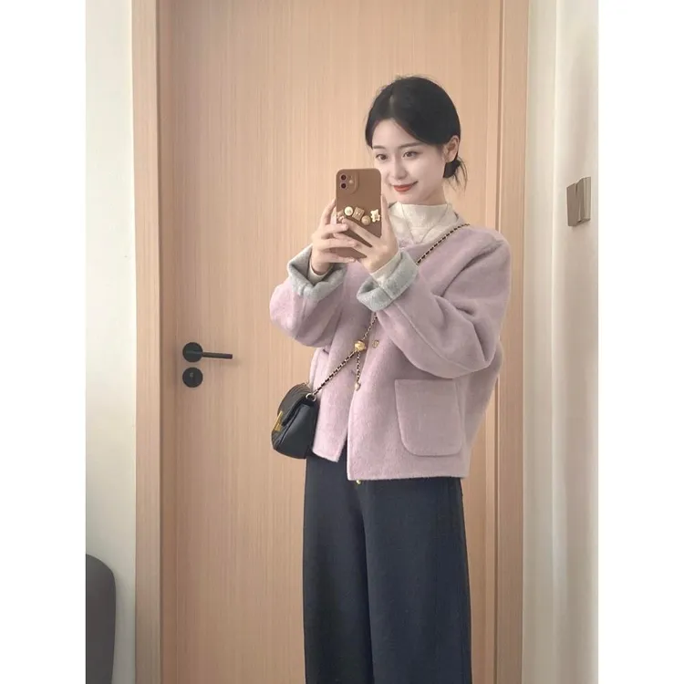 粉紫色双面呢外套女贴袋两穿秋冬新款显瘦短款毛呢羊绒大衣小个子