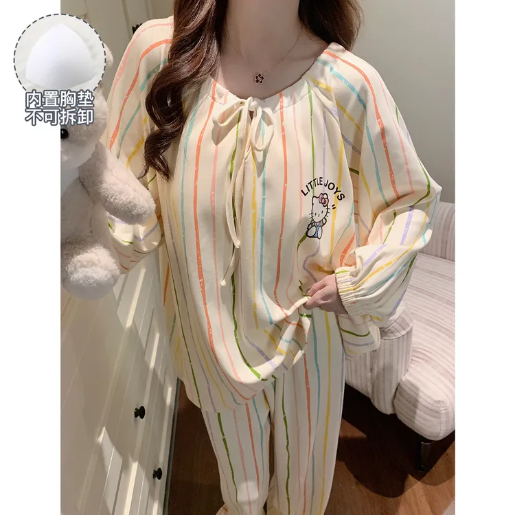春秋睡衣女款爆款2025新款带胸垫多巴胺少女长袖家居服套装可外穿