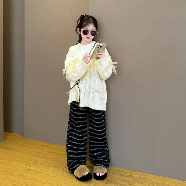 女童2025新款韩版洋气春秋季休闲宽松甜美毛衣条纹阔腿裤套装甜酷
