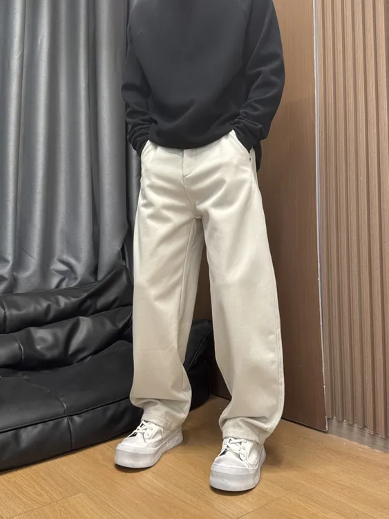 冬季加绒日系男士宽松直筒牛仔裤时尚潮流简约休闲百搭高级感长裤