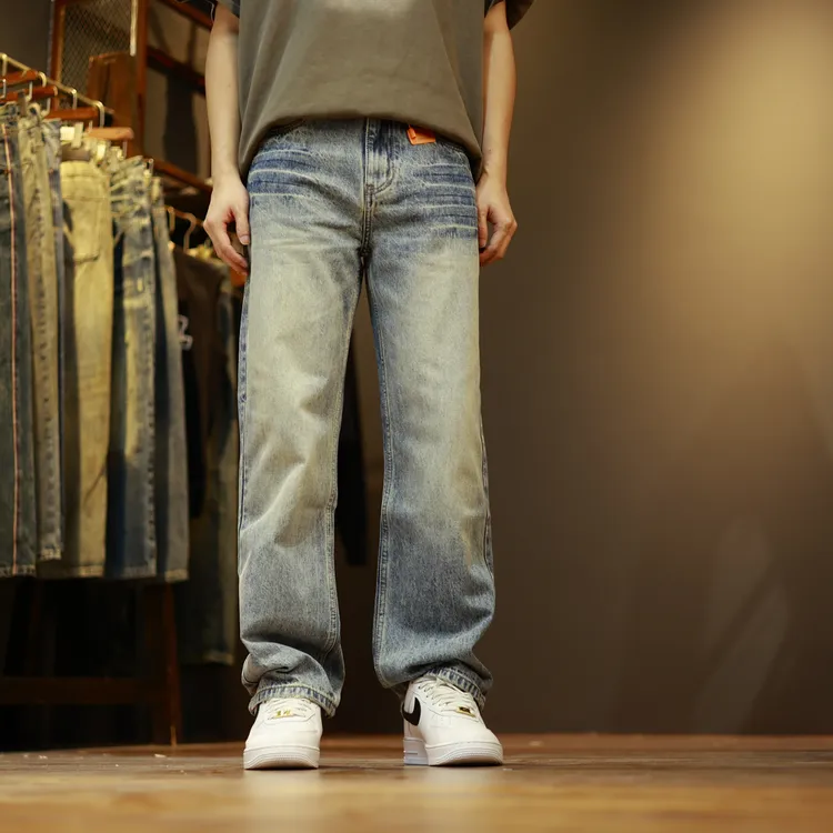 9912猫须水洗复古做旧潮牌宽松百搭休闲直筒牛仔裤男