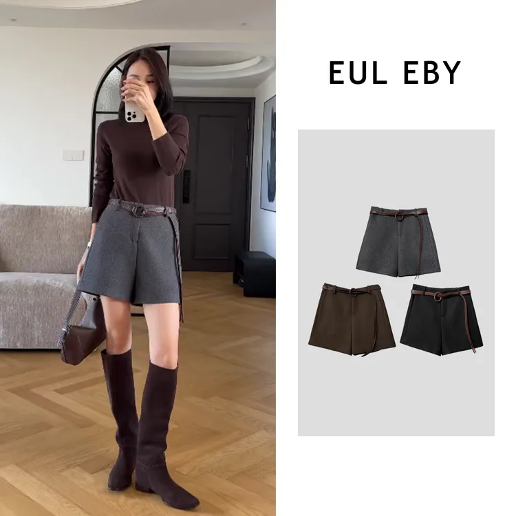 EUL EBY秋季新款时尚短裤百搭高腰显瘦个性腰带直筒靴裤女251506#
