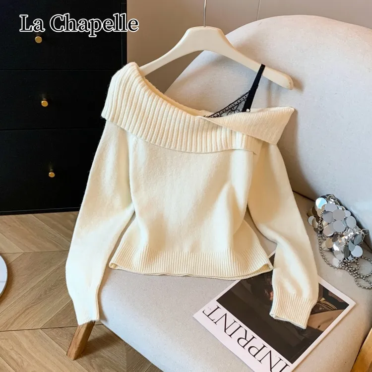 拉夏贝尔韩版秋冬新款韩国东大门净色针织翻领吊带蕾丝露肩毛衣女