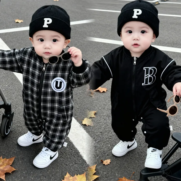 秋冬加绒男女宝宝潮流派克服加厚连身衣外出服婴儿衣服