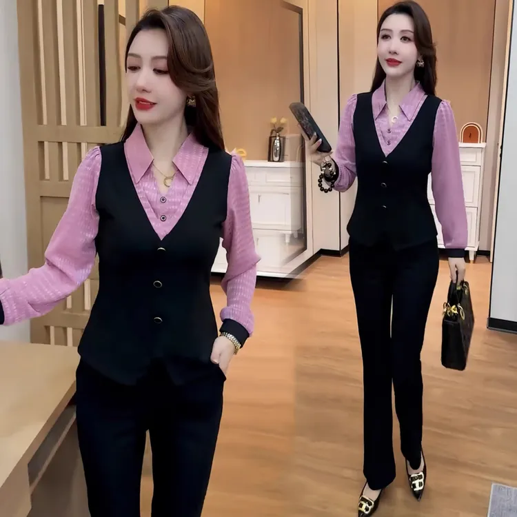 高级感时尚套装女早秋新款洋气拼接长袖衬衫阔腿裤修身职业两件套