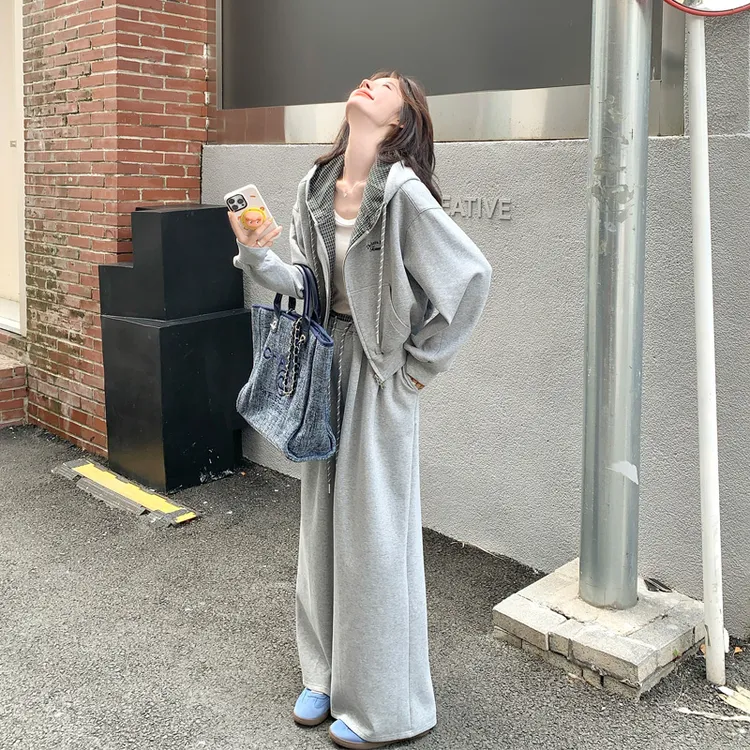 韩系休闲设计感格纹拼接卫衣长裤2025秋新款小众极简学院风两件套