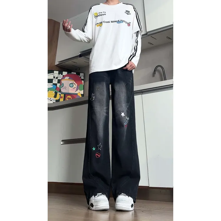 潮酷星星刺绣牛仔裤男水洗做旧宽松阔腿裤美式街头风直筒长裤女