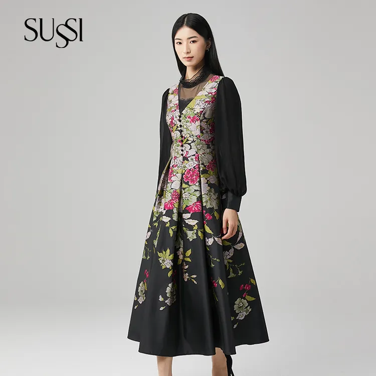SUSSI古色丨“牡丹绣’中式美学黑底红花马夹裙经典X型连衣裙女