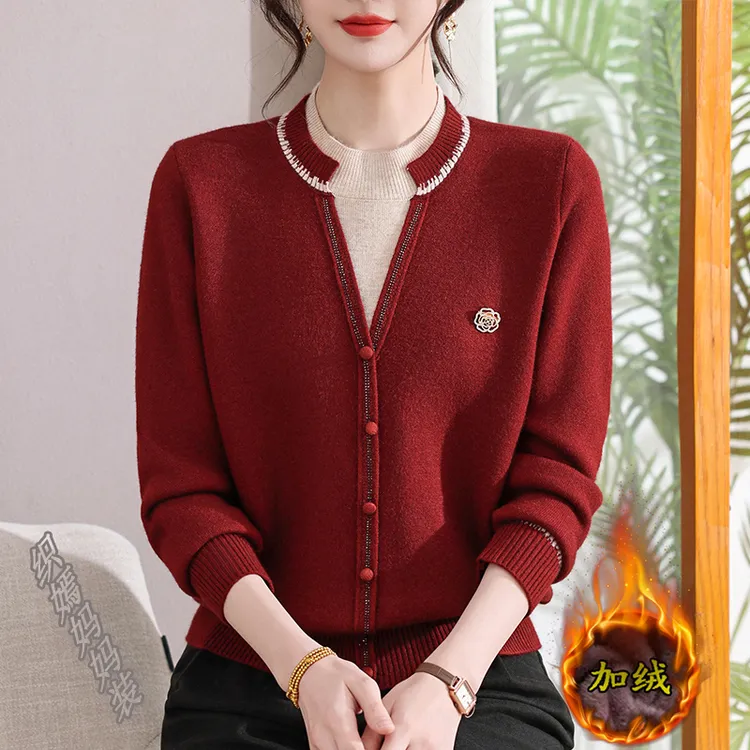 妈妈冬装时尚假两件针织一体绒打底衫中老年女装加绒加厚洋气上衣