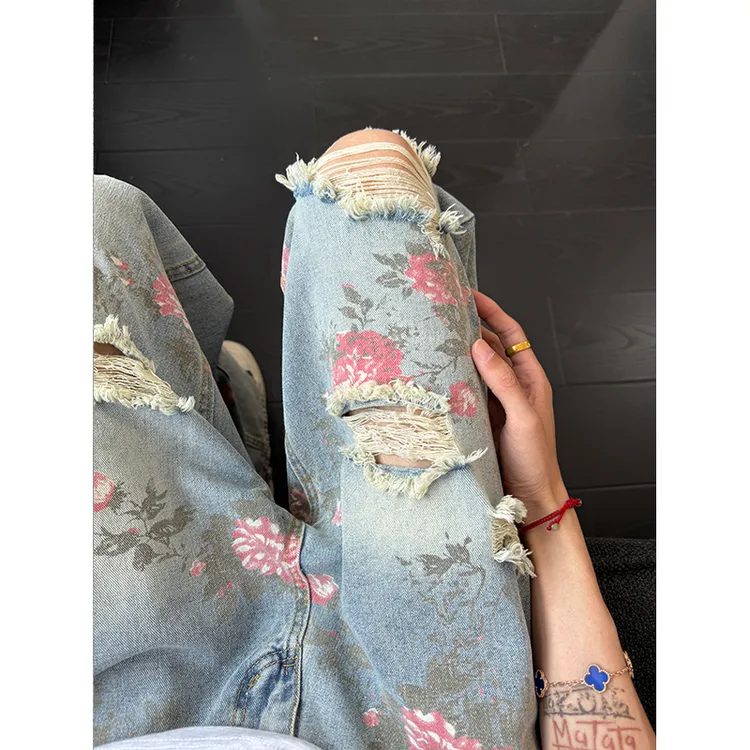美式高街花卉破洞牛仔裤男款秋冬痞帅高级感裤子vibe满印休闲裤潮