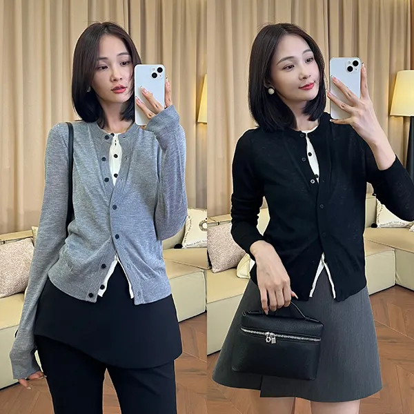 老钱风极简气质假两件针织开衫慵懒休闲百搭显瘦外套上衣女251439