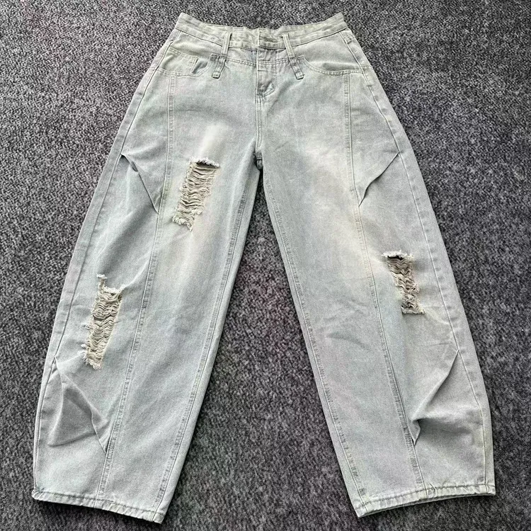 【次日发】龙叨叨春夏新品设计款水洗破洞牛仔裤男美式休闲弯刀长裤