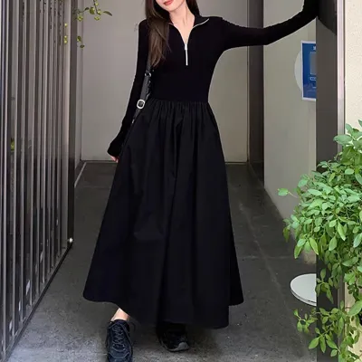 ｜有口袋｜法式赫本风黑色长袖针织时尚连衣裙子女高级感显瘦长裙