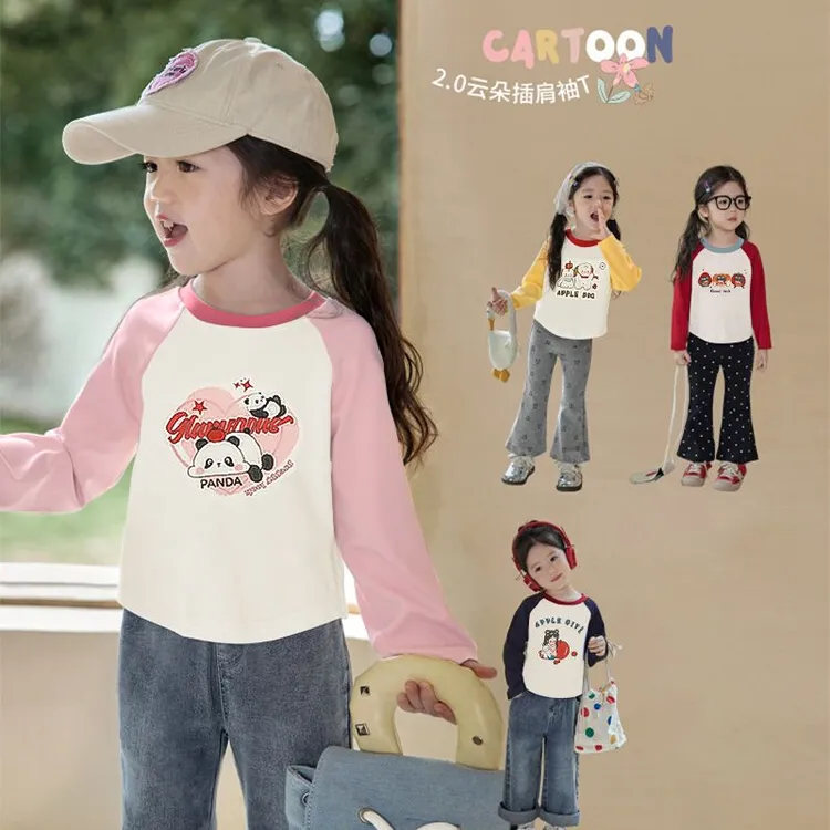 女童长袖打底衫撞色插肩T恤春秋季儿童洋气可爱印花长袖休闲上衣