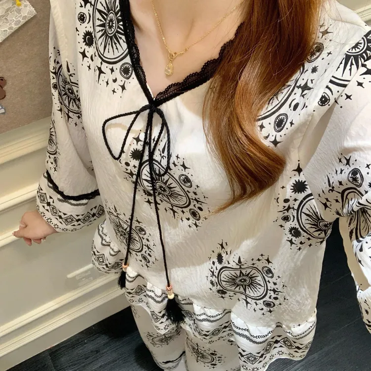 新中式国风睡衣女款春秋碎花带胸垫2025新款夏季家居服套装洋气