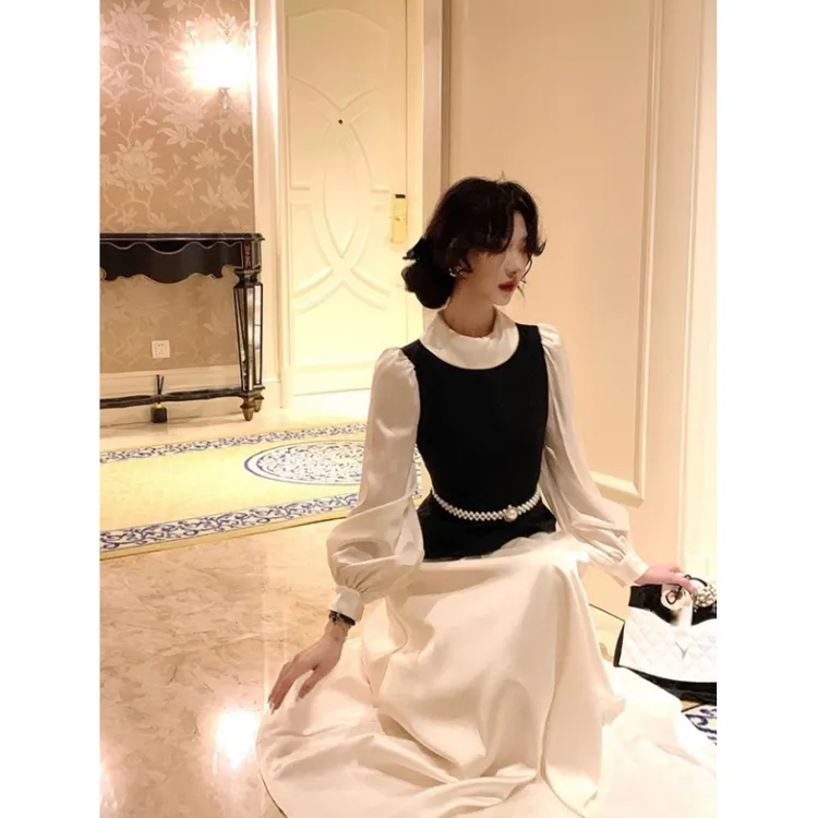 大Eees 奥黛丽小姐 赫本高级感连衣裙立裁气质小翻领缎面撞色裙子