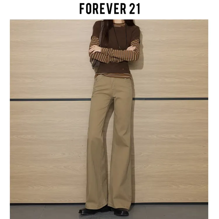 Forever 21卡其色百搭牛仔裤2026早春新款不贴腿显瘦直筒微喇裤女