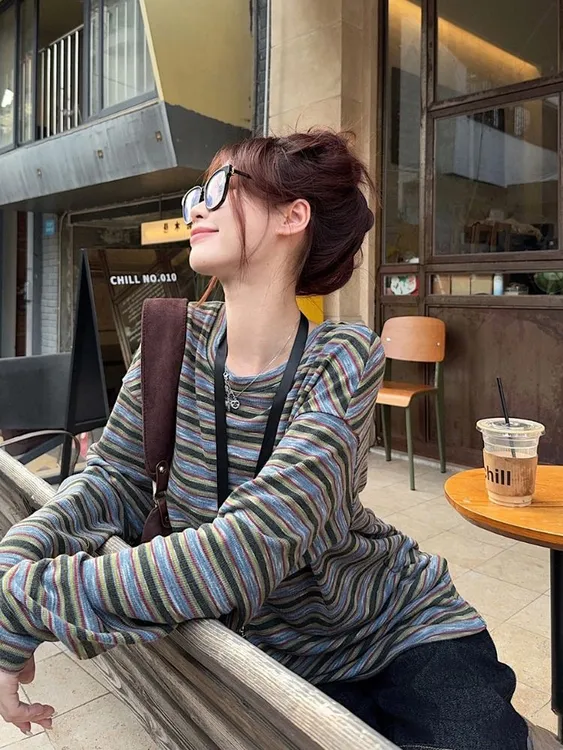 韩系慵懒设计感条纹复古长袖卫衣女秋季小众休闲圆领宽松套头上衣