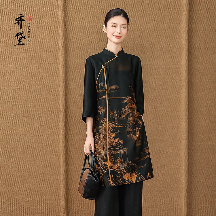 齐黛新中式正宗香云纱真丝上衣女2025秋季新款五分袖复古优雅衬衫