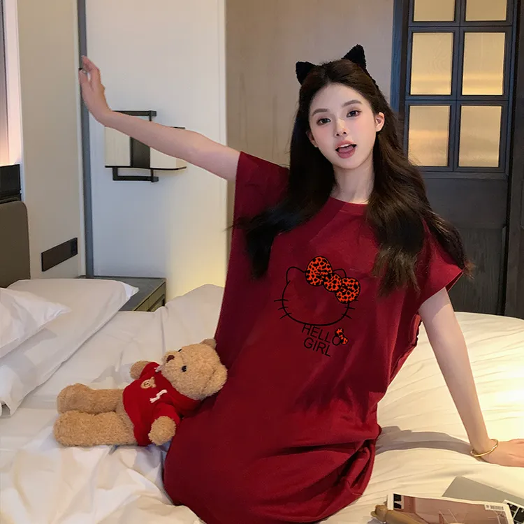 本命年红色喜庆纯棉睡裙女带胸垫春夏季新款短袖可外穿家居服睡裙