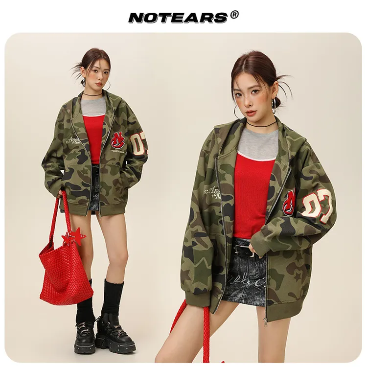 NOTEARS/没有眼泪 美式潮流百搭贴布迷彩卫衣外套情侣款上衣2598