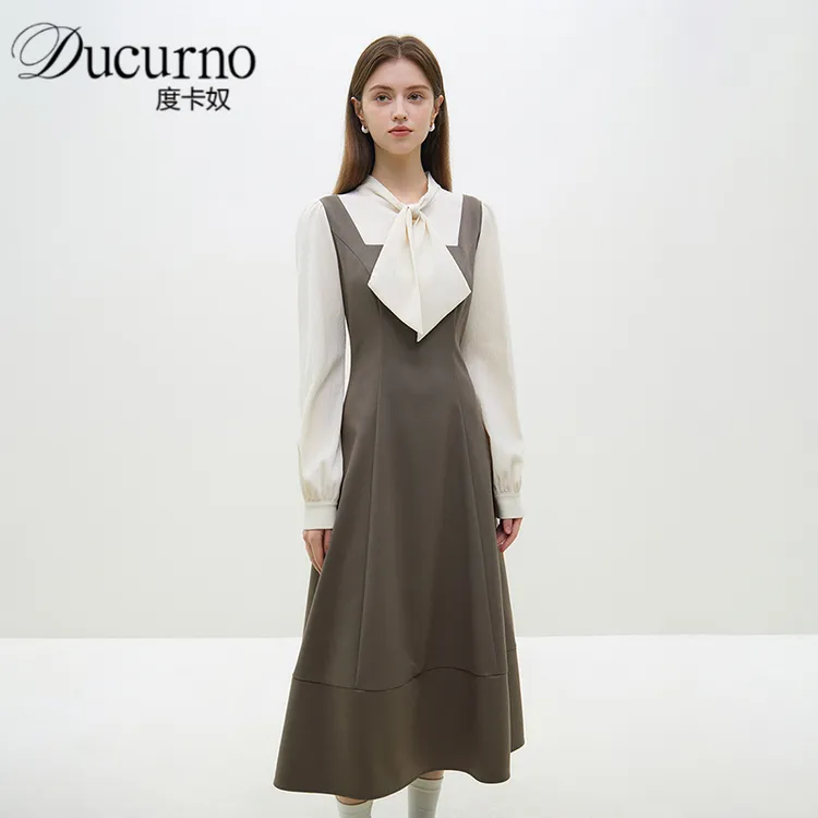 气质法式蝴蝶结连衣裙女2025年秋季新款时尚内搭假两件拼接裙子