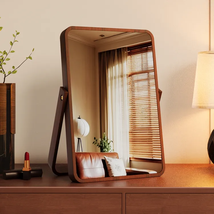 复古实木化妆镜台式桌面家用梳妆台梳妆镜女生卧室便携折叠大镜子