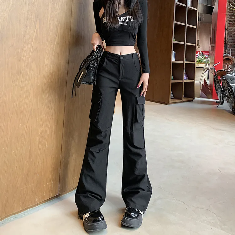 黑色微喇工装裤女春秋2025新款高腰窄版酷飒风小个子降落伞运动裤