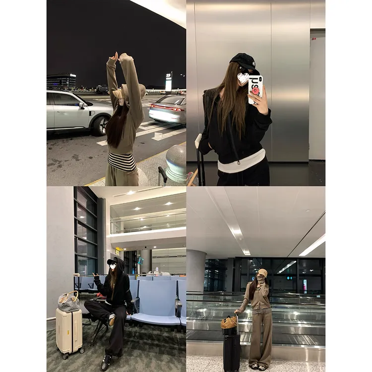 短款连帽卫衣长袖开衫外套女+微喇裤显瘦韩系休闲长裤 60696