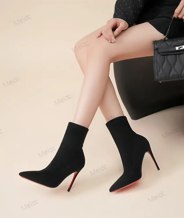 【绒面】细跟瘦瘦靴尖头红底弹力靴性感黑色时装靴高跟羊皮短靴袜靴