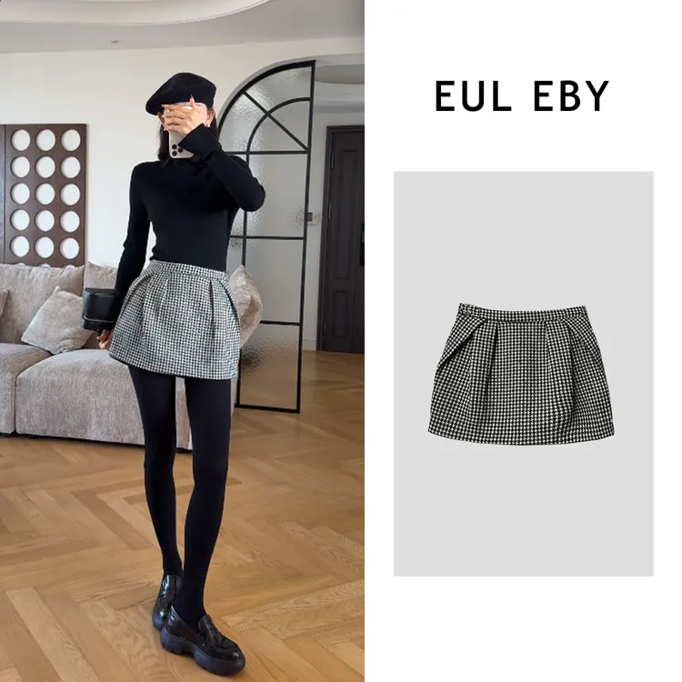 EUL EBY千鸟格花苞裙法式复古时尚百搭显瘦格纹半身短裙女251510#